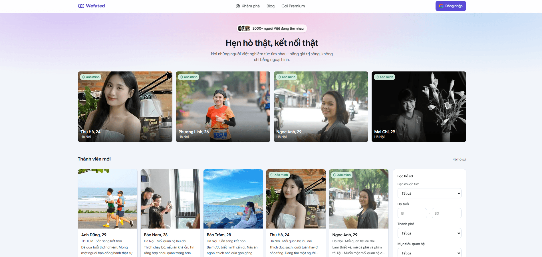 Giao diện trang chủ Wefated - app hẹn hò không bắt lướt cả ngày, gợi ý theo độ hợp nhau